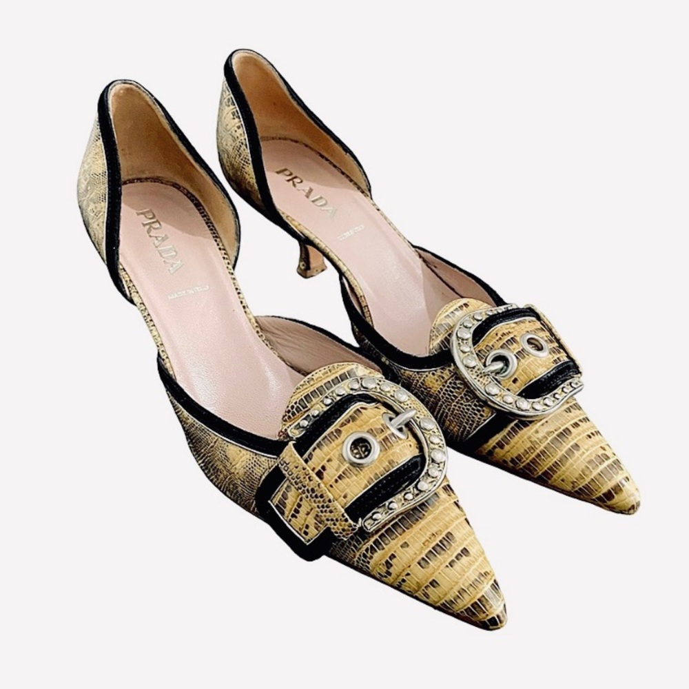 Prada Tan and Black Heels with Buckle Detail